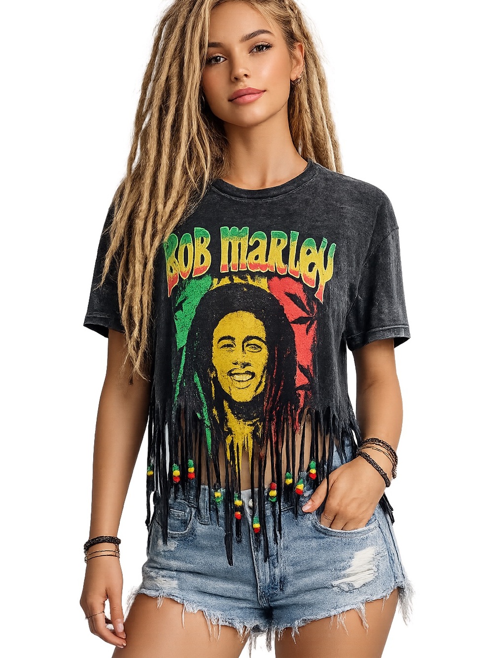 Bob Marley Black Fringe Graphic Tee with beads size M